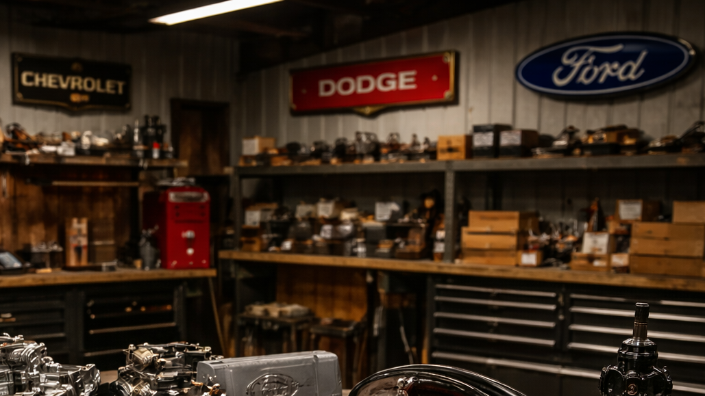 Texas Vintage Trucks workshop display of classic Dodge, Chevy, and Ford truck parts for restoration and performance builds